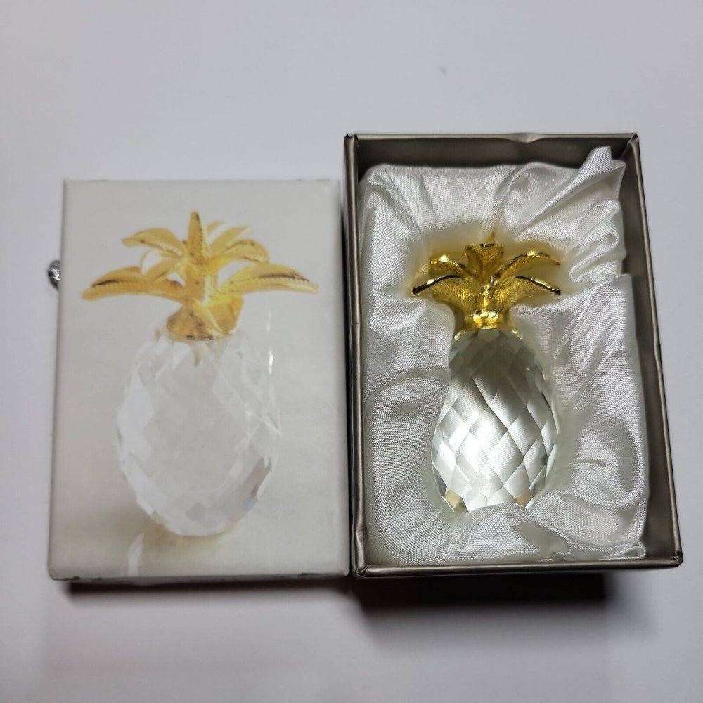 Pier 1 Glass Pineapple With Gold Top Miniature 2.5" In Box Housewarming Gift